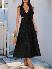 Breezaya Ärmelloses, figurbetontes Kleid im sexy französischen Stil mit V-Ausschnitt und freiliegender Taille - Schwarz - Übersicht 3