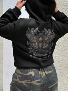 INAWLY Casual Butterfly Print Thermal Lined Hooded Sweatshirt, Autumn/Winter - Black - View 5