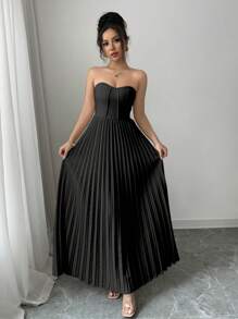 INAWLY 女士优雅褶皱露肩修身中长连衣裙 - 黑色 - 查看 8