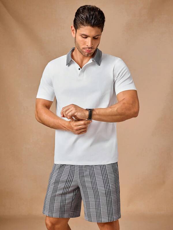 Manfinity ModaGents 2 buc ținută ocazională pentru bărbați: pantaloni drepti cu talie elastică și set de cămașă polo cu mânecă scurtă din tricot mozaic