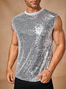 Manfinity VCAY Camiseta sin mangas holgada de punto con lentejuelas para hombre, uso diario de moda