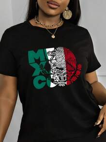 Maweii MEXICO Country/Region Text Graphic Plus Size Women Round Neck Short Sleeve T-Shirt - Black - View 1