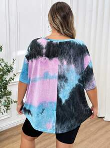 SHEIN CURVE+ Plus Size Women's Random Tie Dye Pattern Curved Hem T-Shirt - Multicolor - View 2