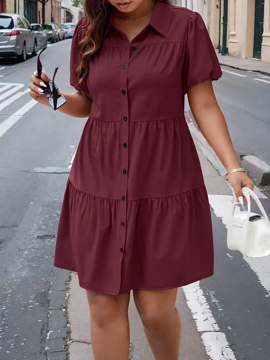 Plus Size Puff Sleeve Single Breasted Short Layered Dress