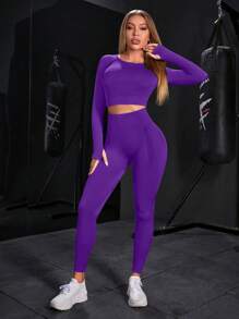 Women's Solid Color Long Sleeve & Long Pants Seamless Activewear Set - Purple - View 4