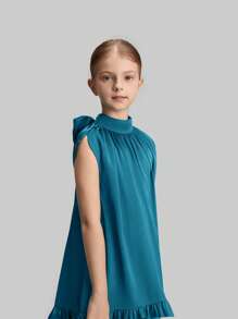 Ontre Vestido suelto y casual para niñas preadolescentes con decoración de moño y volantes en el bajo - Agua verde azul - Ver 3