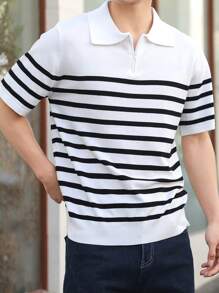 Manfinity Hypemode Men's Zip Neck Striped Short Sleeve Casual Knit Top - Black and White - View 3