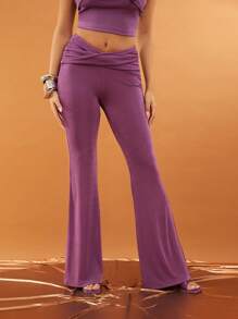 SHEIN Unity 节日折叠纯色夏季裤子西部音乐会音乐节优雅假期春假早午餐复活节热带女装 - 紫色 - 查看 1