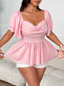 Flirla Plus Size Women's Elegant Ruched Collar Pleated A-Line Blouse, Loose Fit Ruffle Sleeve Party/Wedding Guest Vacation Vintage Shirt - Pink - View 4