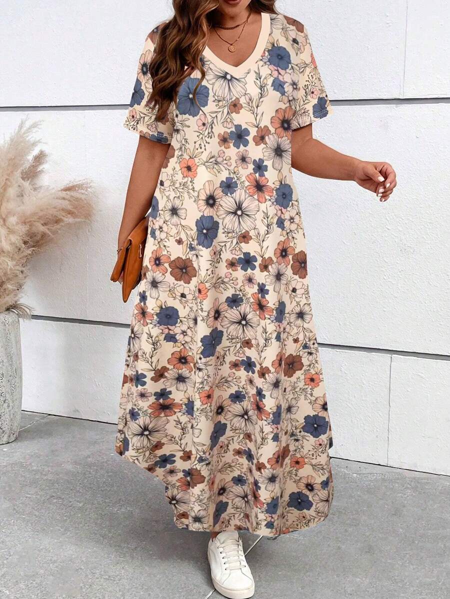 EMERY ROSE Plus Size Striped Print V-Neck Long Loose Curved Hem Short Sleeve T-Shirt Maxi Women Outfit - Apricot - View 1
