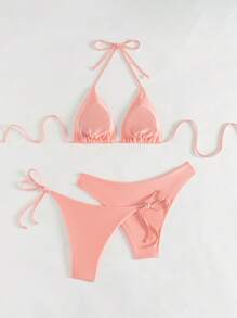 Swim Chiccia 3pcs Women Swimwear Set, Halter Neck Tank Top And Drawcord Bottom For Summer Beach Vacation - Pink - View 2