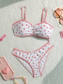 SHEIN 少女夏季假期海滩甜美/可爱图案泳装套装，包括方格、樱桃、蝴蝶结、粉色图案