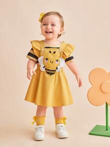 SHEIN Conjunto de 3 piezas para bebé niña (0-3 años): Mono casual con estampado de abeja y rayas, vestido babero, diadema - Amarillo - Ver 1