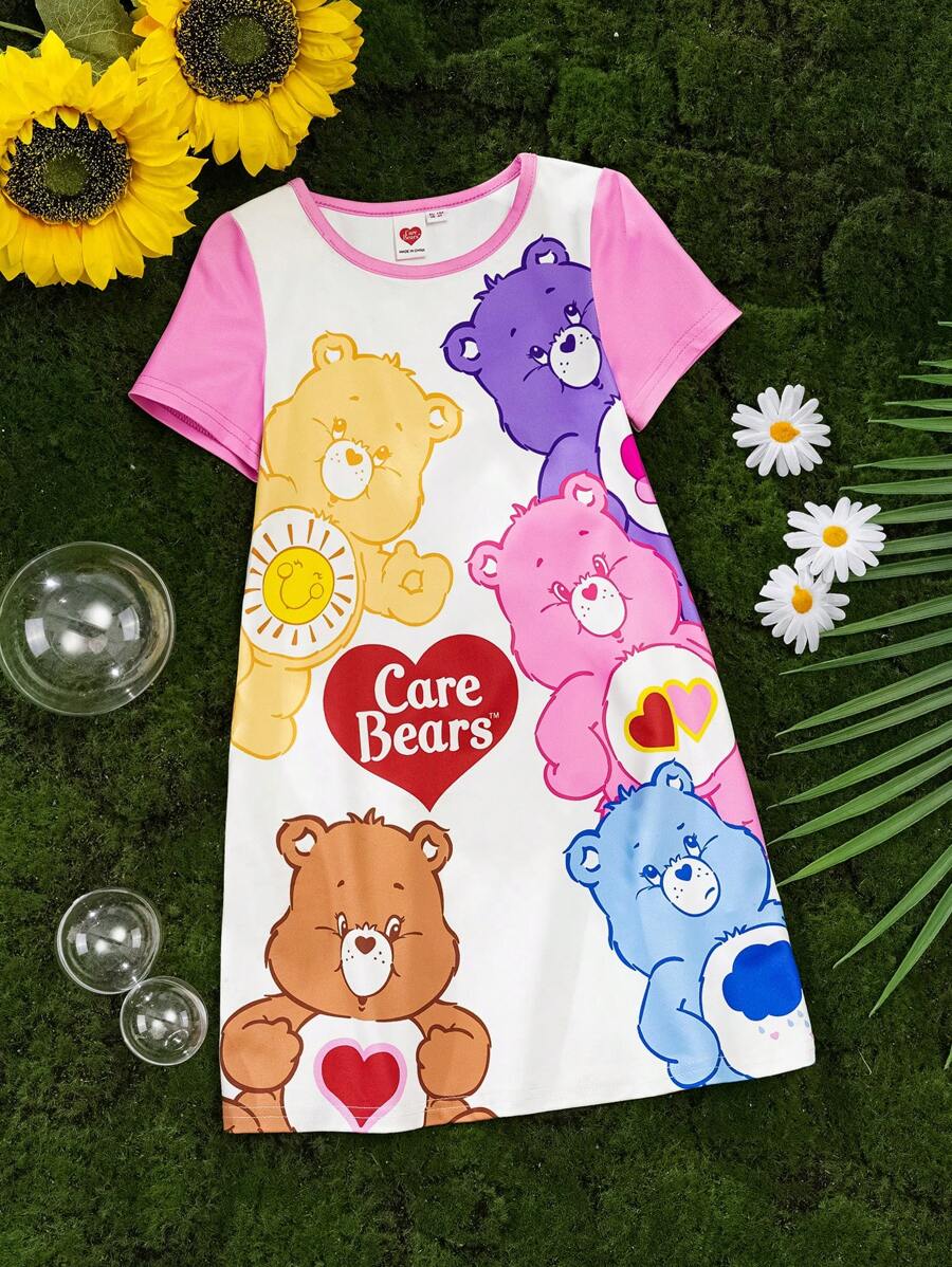 SHEIN X Care Bears Young Girl Colorful Heart And Bear Print Pink And White Cute Sweet Short Sleeve Dress - Multicolor - View 1