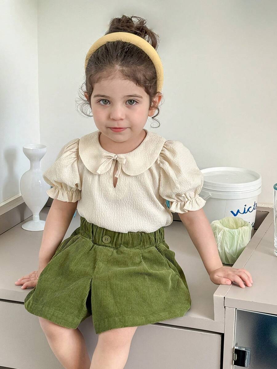 SHEIN Babygirl 夏季可爱百搭纹理杏色彼得潘领上衣