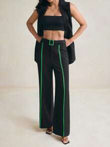 Floral Designer High Waist Color Block Black Wide-Leg Pants - Black - View 6