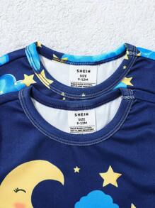 SHEIN Baby Boy Cute Cartoon Elephant, Star, Moon And Cloud Print Round Neck Short Sleeve + Pants Snug Fit Comfortable Pajamas Set, 2pcs