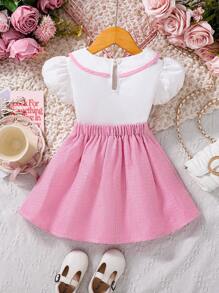 SHEIN 2 件装少女荷叶边领泡泡袖蝴蝶结上衣和褶皱蝴蝶结短裙套装 - 彩色 - 查看 2