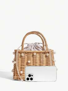 SHEIN SXY 女士手提包，草编包，藤编，珍珠，时尚，优雅，简约，个性化，多功能，适合海滩，度假，节日，夏季，海边 - 米色 - 查看 5