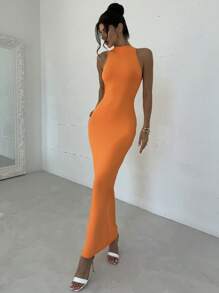 Firerie Valentijnsdag Nieuwe elegante romantische date vakantie oranje asymmetrische wrap voorkant rugloze bodycon maxi-jurk