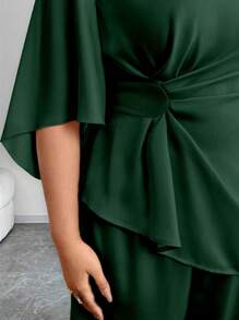 Elenzga Plus Size Women 2pcs Set: Round Neck Bell Sleeve Twist Top And Wide Leg Pants, Elegant - Army Green - View 5