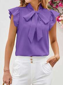 SHEIN Clasi 女士蝴蝶结盖袖衬衫 - 紫色 - 查看 4