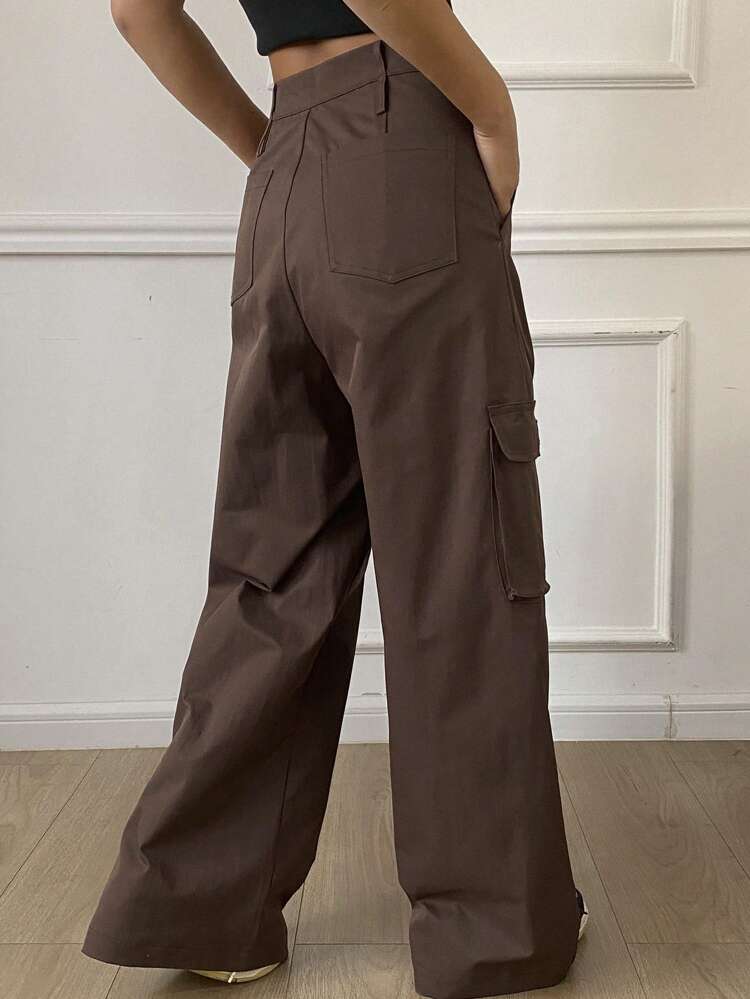 Plain Loose Fit Cargo Pants With Pockets & Buckle Straps, Women Wide Leg Pants Women Dress Pants