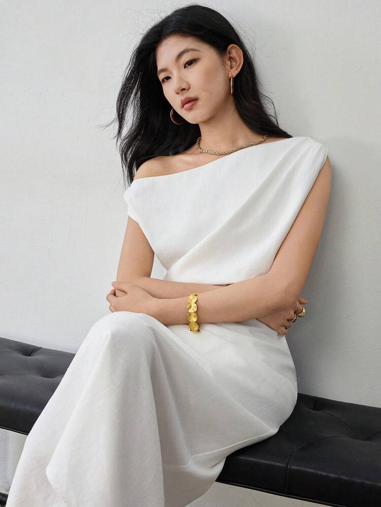 Women's Business Casual Oblique Collar Minimalist High-End Midi Dress Summer Old Money Style Elegant Linen,Dress For Wedding