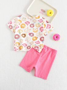 Cozy Pixies Toddler Girls 2pcs Set Sweet Doughnut Print Knitted Soft Round Neck Short Sleeve Drop Shoulder Pullover Top And Solid Color Elastic Waist Shorts