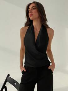 Aloruh 极简主义办公室穿着深 V 性感镂空修身工字背心，米色 - 黑色 - 查看 5