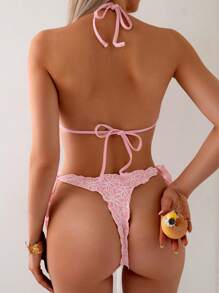 Swim Mod Conjunto de Maiô Bikini de Duas Peças com Estampa Floral, Alças Finas e Decote Nas Costas Com Laço Lateral, Look de Praia de Verão para Mulheres - Rosa chiclete - Visão 3
