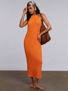 Athîral Vestido casual de unicolor sin espalda para vacaciones de mujer - Naranja - Ver 1