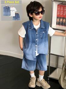 3pcs Boys Denim Blue Ombre Casual Vest Set With Denim Shorts And T-Shirt With "Milano" Letter Print, Spring/Summer Fashion New Set - Multicolor - View 1