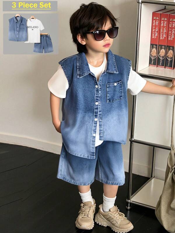 Set de 3 piezas para niños con chaleco de mezclilla en degradado azul, shorts de mezclilla y camiseta con estampado de la letra "Milano", nuevo conjunto de moda para primavera/verano