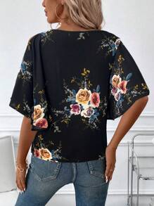 SHEIN Clasi Women V-Neck Floral Print Ruffle Sleeve Slit Front Blouse - Black - View 2