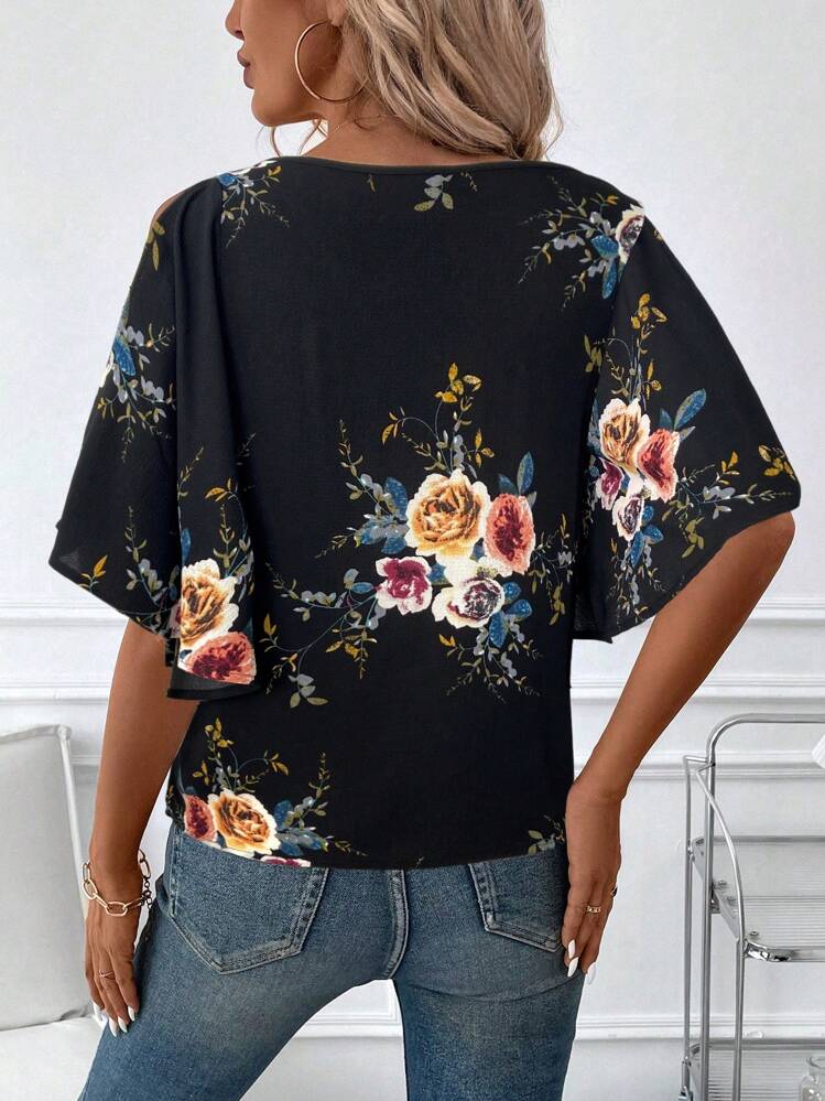 SHEIN Clasi 女士 V 领花卉印花荷叶边袖前开衩衬衫 - 黑色 - 查看 2