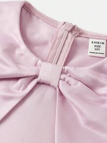 SHEIN Tween 女童宽松优雅立领无袖蝴蝶结花朵拼布荷叶边 A 字裙 - 粉色 - 查看 4