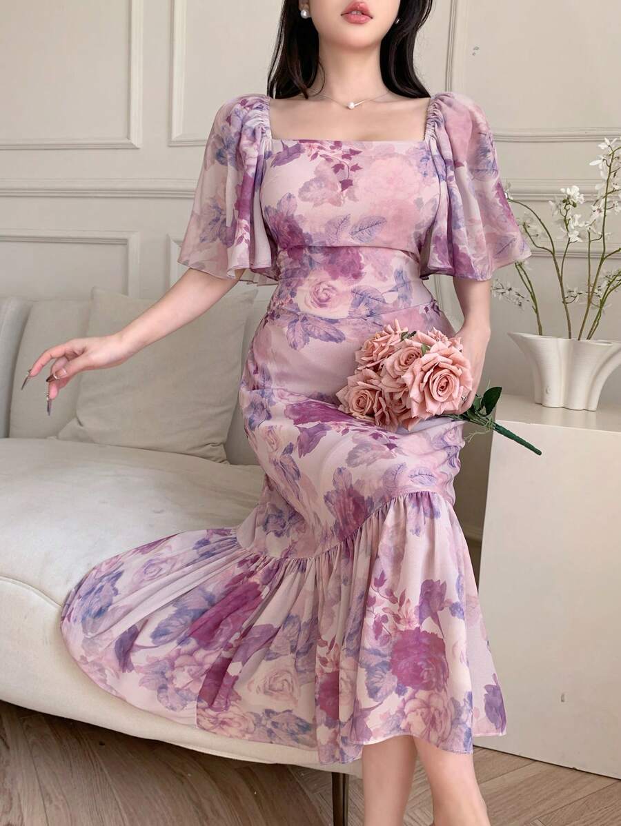 DAZY 情人节雪纺印花方领荷叶边中长连衣裙，女士碎花吊带裙，返校季服装，度假装扮 - 淡紫色 - 查看 1