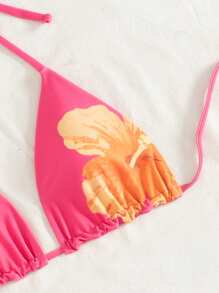 Swim Mod Floral Print Cute & Fashionable Halter Backless Bikini Top For Summer Beach Vacation - Pink - View 5