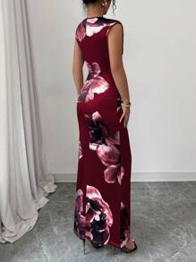 Elenzga Vestido de verano elegante y sencillo con cuello redondo, sin mangas y estampado floral para mujeres - Rojo - Ver 2