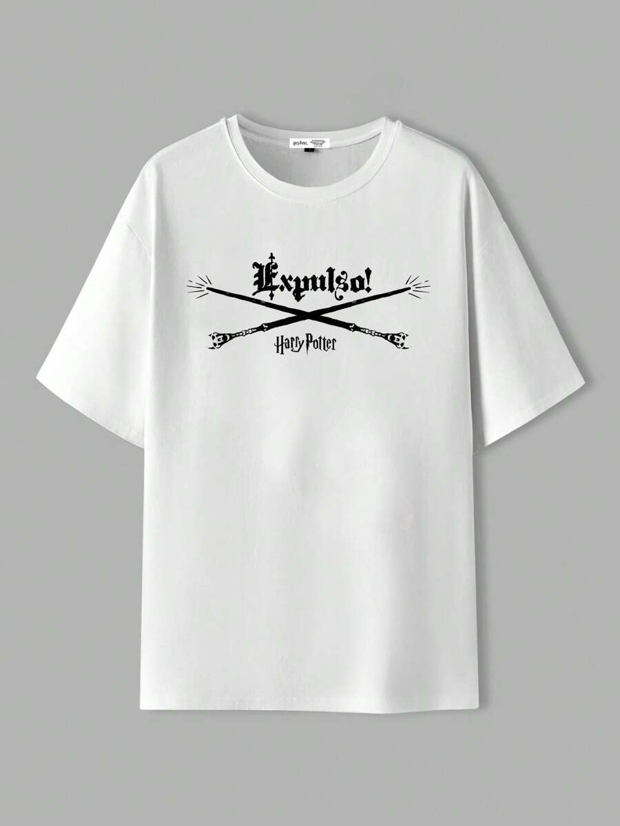 HARRY POTTER X SHEIN 男士字母与图案印花圆领短袖 T 恤，夏季