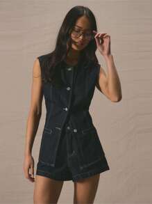MUSERA Crew Neck Button Down Longline Fitted Sleeveless Denim Top Only For Spring Summer Cute Vacation Al Fresco Holiday Ibiza Concert Festival Rave Western Back To School Streetwear Office Work Fall Autumn Winter Nashville Casual