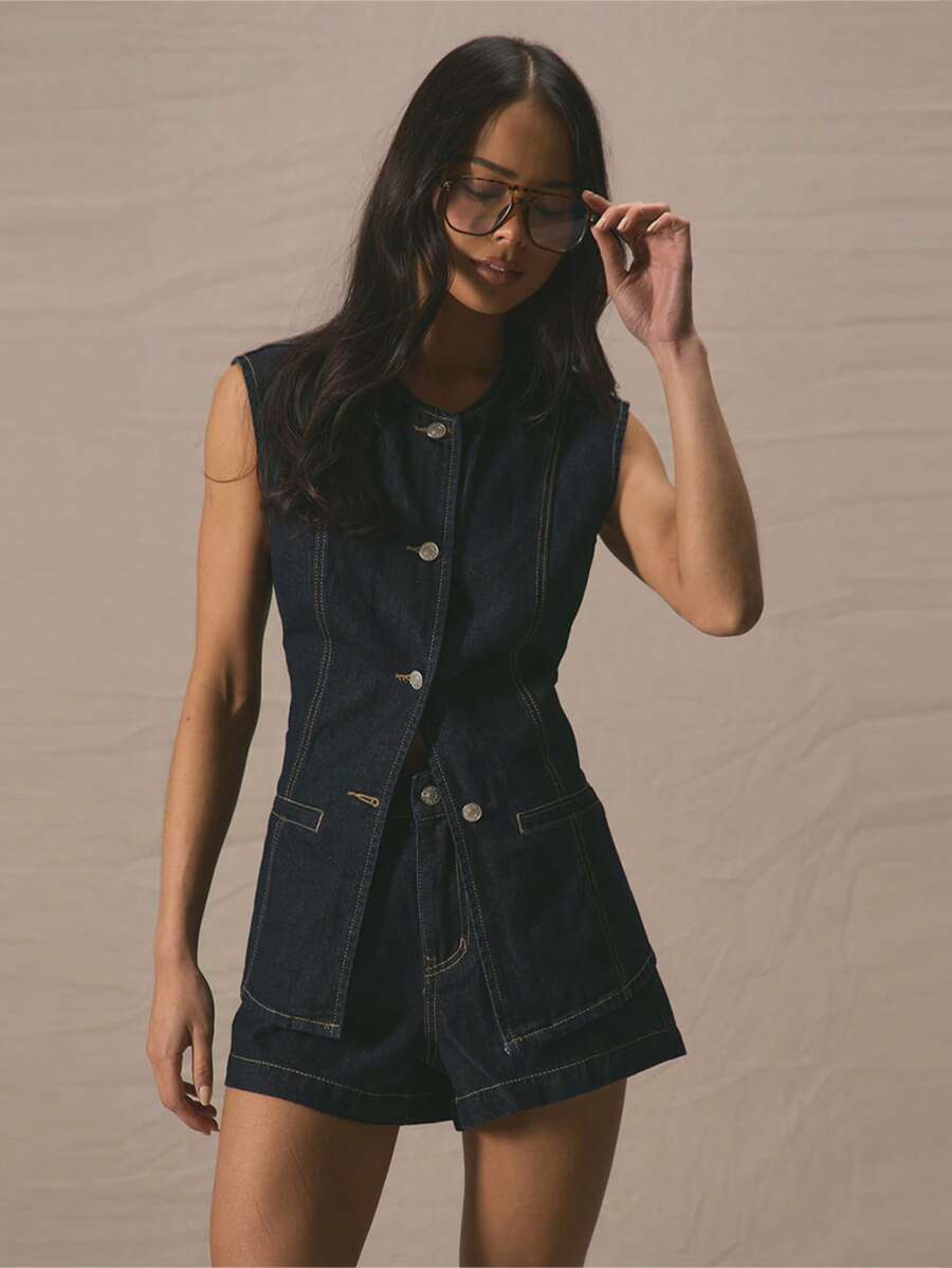 MUSERA Crew Neck Button Down Longline Fitted Sleeveless Denim Top Only For Spring Summer Cute Vacation Al Fresco Holiday Ibiza Concert Festival Rave Western Back To School Streetwear Office Work Fall Autumn Winter Nashville Casual