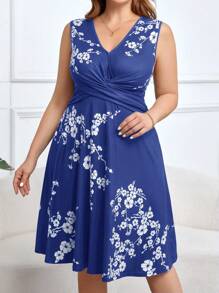 SHEIN Clasi Plus-Size Floral Printed Pleated Dress Blue Dress - Blue - View 6