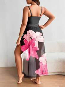 SHEIN Swim Curve Conjunto de traje de baño de una pieza estampado talla grande + falda tipo cover-up para el verano