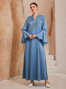 Graceveil 女士优雅阿拉伯风格花卉贴花 V 领喇叭袖连衣裙，端庄 - 藍色 - 查看 8