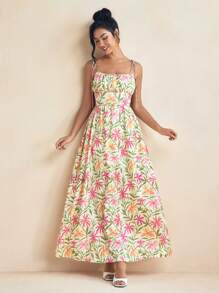 Miriam Omar Multicolor Spring And Summer Floral Print Cami Tie-Up Strap Ruched Bodice Maxi Dress Vacation Sundress For Women, Rave, Prom Dress, Brunch Outfits, Tea Party Dress - Multicolor - View 5