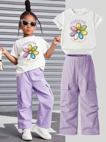 SHEIN Young Girl Floral & Letter Print Short Sleeve T-Shirt And Cargo Pants Set