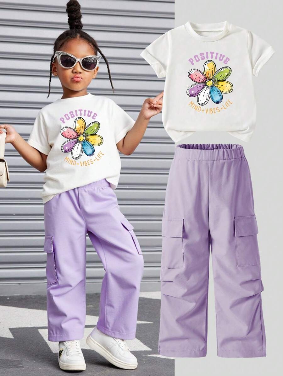 SHEIN Young Girl Floral & Letter Print Short Sleeve T-Shirt And Cargo Pants Set