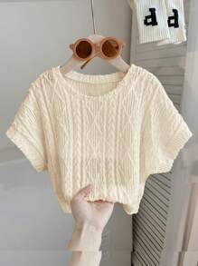 SHEIN LMoss Kids LMoss Young Girl Solid Color Jacquard Knit Round Neck Fitted Cropped T-Shirt - Apricot - View 1
